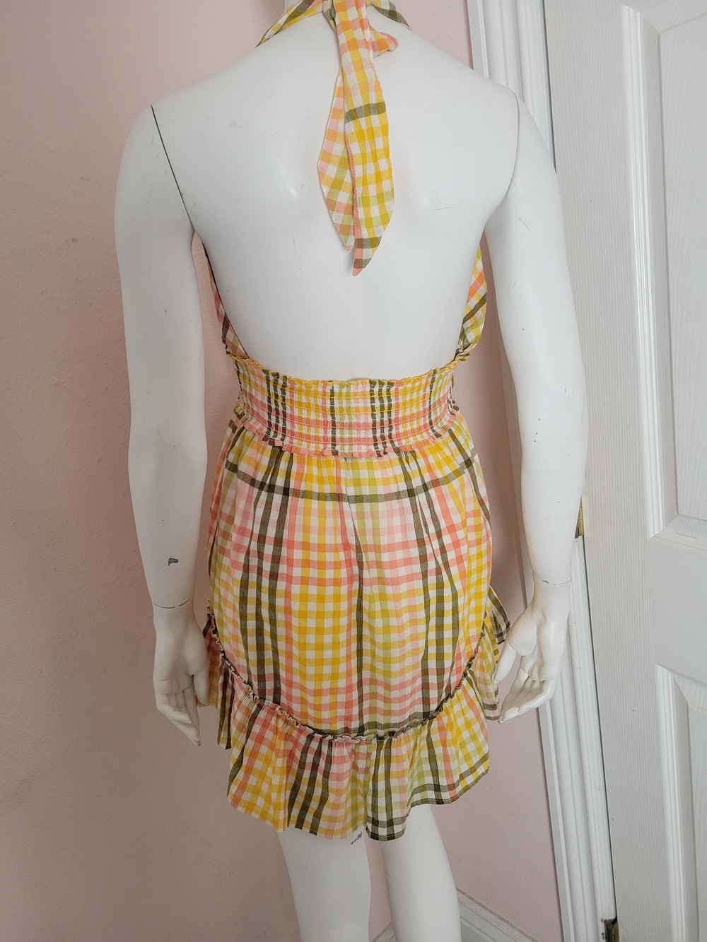 Aerie Plaid Halter Mini Dress Size M – Yellow Pink Green Checkered Ruffle Hem - Picture 4 of 8